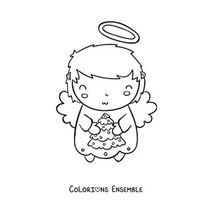 Coloriage d'un ange de Noël animé avec un petit sapin