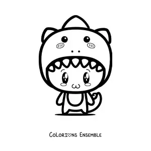 Coloriage d'un garçon déguisé en dinosaure kawaii