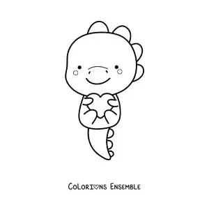 Coloriage d'un tyrannosaure kawaii avec un cœur