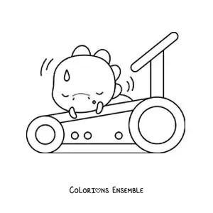 Coloriage d'un dinosaure kawaii fatigué sur le tapis de course