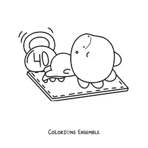 Coloriage d'un dinosaure kawaii avec un haltère à la salle de sport