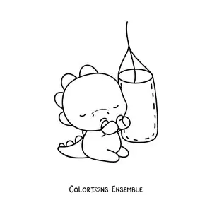 Coloriage d'un dinosaure kawaii qui frappe un sac de boxe