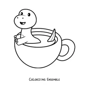 Coloriage d'un dinosaure kawaii dans une tasse