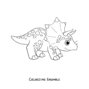 Coloriage d'un dinosaure tricératops kawaii avec des cornes