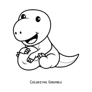 Coloriage d'un dinosaure kawaii assis avec un œuf