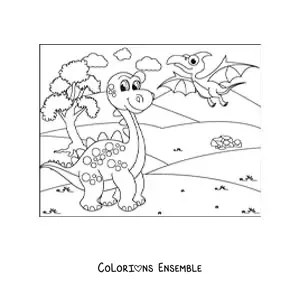 Coloriage de dinosaures animés, l'un volant et l'autre terrestre