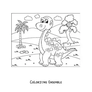 Coloriage d'un dinosaure animé au long cou dans son habitat