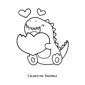 Coloriage d'un tyrannosaure rex kawaii avec un cœur