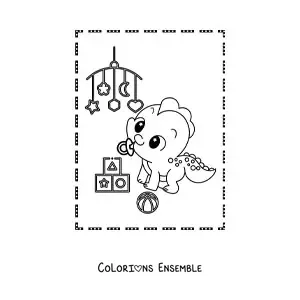 Coloriage d'un bébé dinosaure kawaii avec des jouets
