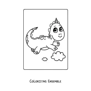 Coloriage d'un bébé dinosaure kawaii avec une fleur