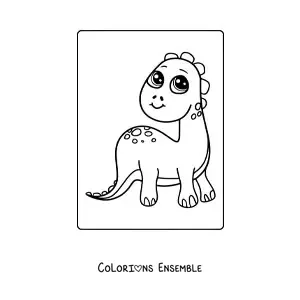 Coloriage d'un bébé dinosaure kawaii assis et souriant