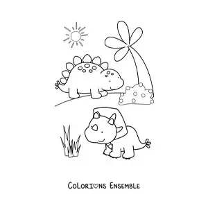 Image à colorier de jolis bébés dinosaures dans leur habitat