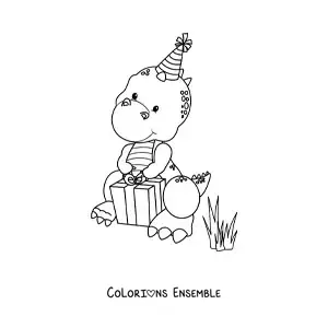 Image à colorier d'un T-Rex avec un cadeau d'anniversaire