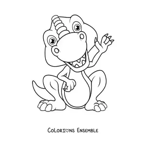 Image à colorier d'un joyeux bébé dinosaure assis qui fait coucou