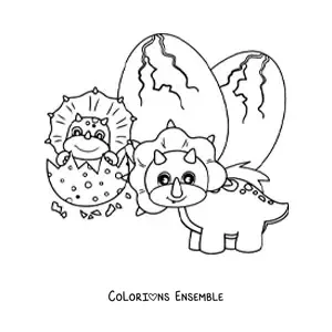 Image à colorier d'un tricératops animé avec son bébé qui sort de l'œuf