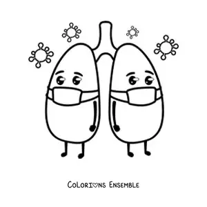 Image à colorier de poumons kawaii animés avec un masque