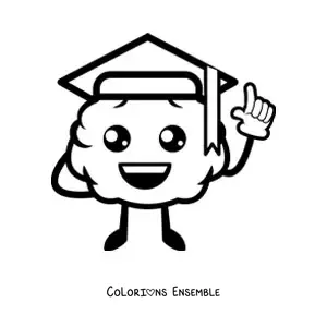 Image à colorier d'un cerveau kawaii animé avec une toque de diplômé