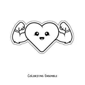 Image à colorier d'un cœur kawaii et fort