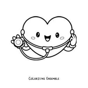 Image à colorier d'un mignon cœur animé avec un stéthoscope