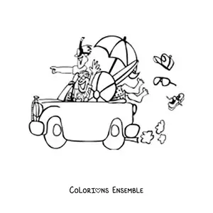 Image à colorier de jeunes en voiture sur le chemin de la plage