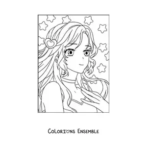 Image à colorier d'un visage de fille anime kawaii avec de grands yeux