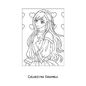 Image à colorier d'une fille anime kawaii avec des cœurs