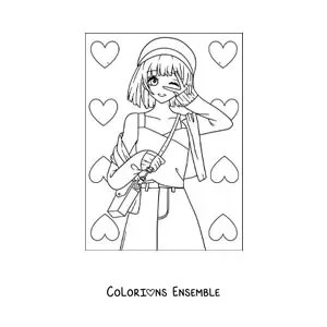 Image à colorier d'une mignonne fille anime avec des cœurs