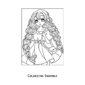 Image à colorier d'une belle fille anime avec une coiffure tressée
