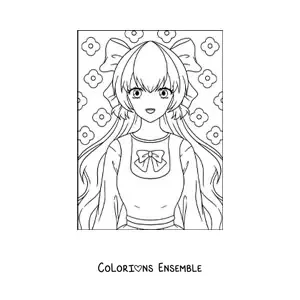Image à colorier d'une poupée anime kawaii avec un nœud
