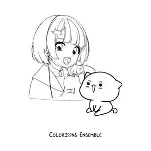 Image à colorier d'une fille anime kawaii avec un chat