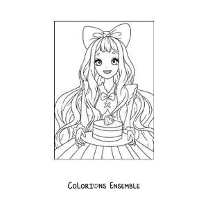 Image à colorier d'une belle poupée anime kawaii avec un gâteau à la fraise