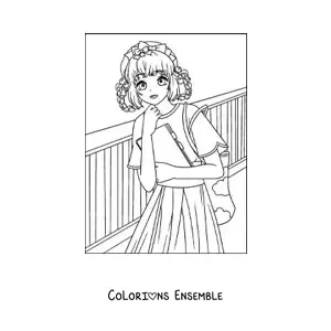 Image à colorier d'une fille anime kawaii à l'école