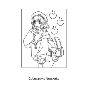 Image à colorier d'une fille anime kawaii avec une jupe et des cœurs