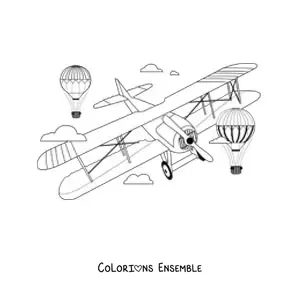 Image à colorier d'un avion qui vole avec deux montgolfières