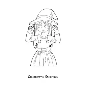 Image à colorier d'une poupée anime kawaii déguisée en sorcière
