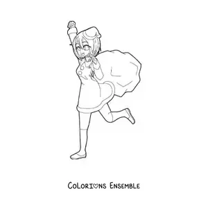 Image à colorier d'une poupée anime kawaii en tenue de Père Noël