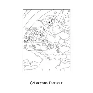 Image à colorier d'une fée fantastique dans une forêt magique de style anime