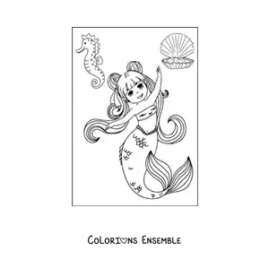 Image à colorier d'une sirène de style anime qui danse avec un hippocampe