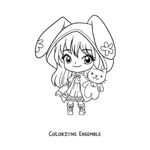 Image à colorier d'une fille kawaii chibi avec des oreilles de lapin