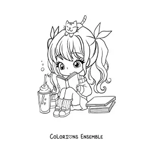 Image à colorier d'une fille kawaii chibi assise qui lit un livre avec un chat