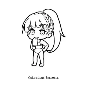 Image à colorier d'une fille kawaii chibi en bikini qui mange une glace