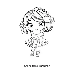 Image à colorier d'une fille kawaii chibi avec un chat