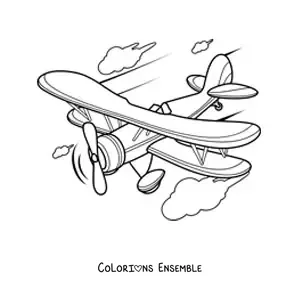 Image à colorier d'un avion qui vole avec des nuages au fond