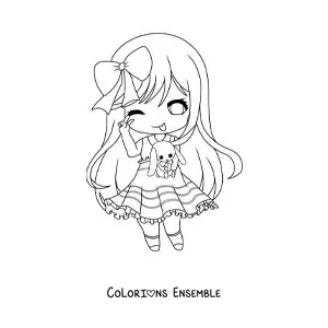 Image à colorier d'une grande fille kawaii chibi avec une peluche de lapin