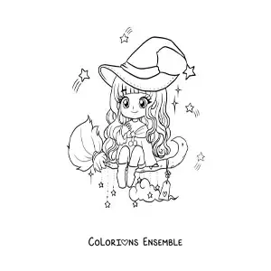 Image à colorier d'une sorcière kawaii chibi qui vole sur son balai