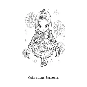 Image à colorier d'une fille kawaii chibi avec une coiffure tressée