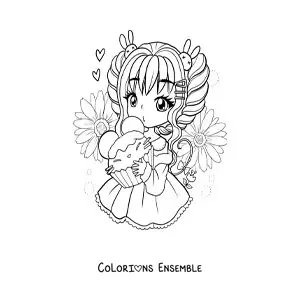 Image à colorier d'une fille kawaii chibi avec un cupcake