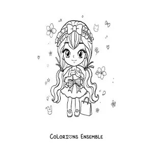 Image à colorier d'une fille anime chibi qui fait du shopping