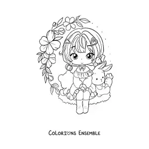 Image à colorier d'une fille anime chibi assise avec des fleurs et un lapin