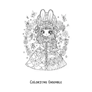 Image à colorier d'une fille anime chibi avec des oreilles de lapin et un gâteau